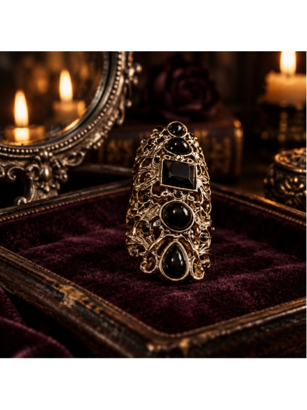 Gothic Regency Statement Ring size 7 Gold and Black Full Finger Knuckle Ring